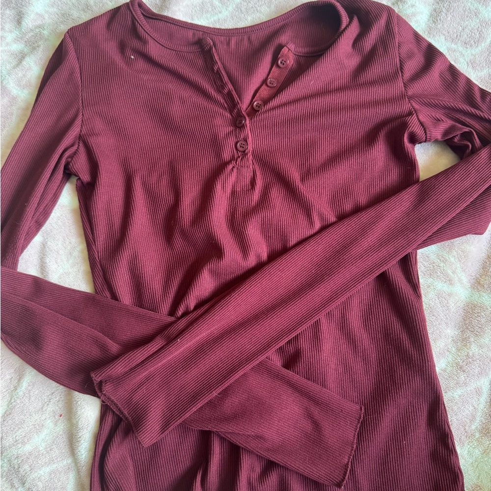 Women's Burgundy Ribbed Henley Top
